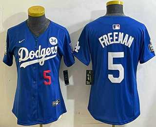 Womens Los Angeles Dodgers #5 Freddie Freeman Number Blue 2024 World Series With Fernando 34 Patch Limited Stitched Jersey